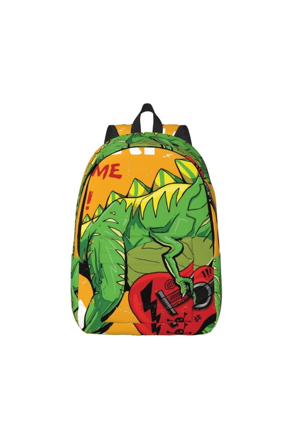 Cool Dinosaur Playing Guitar Pattern Canvas College Laptop Backpack,Travel Daypack,Durable Rucksack Travel Notebook Bag School Backpack Book Bag for Men Women-Small