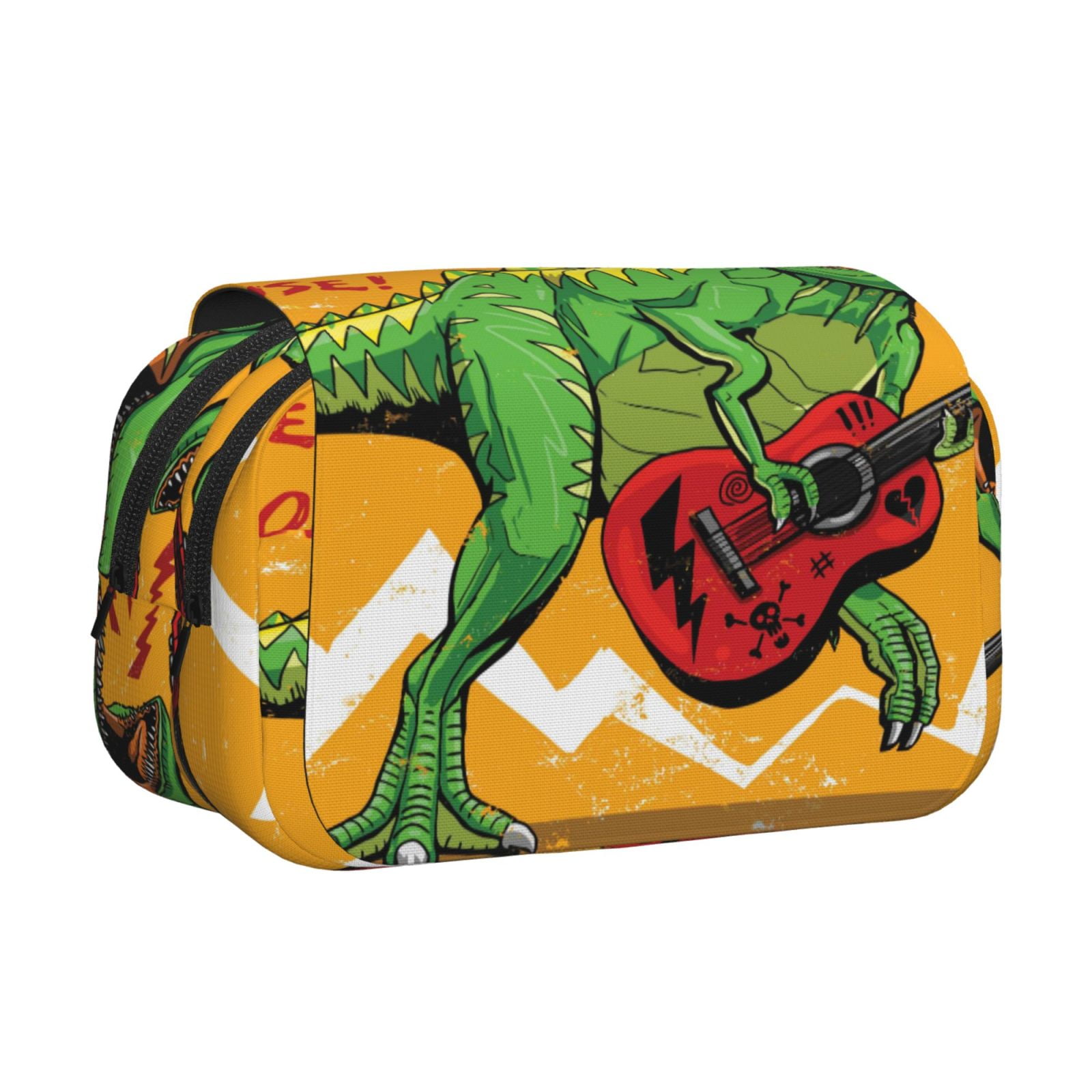 Rateoe Cool Dinosaur Playing Guitar Pattern Double Clamshell Pen Case, Storage Organizer with Two Zipper Compartments– Holds Up to 50 Pencils & Pens