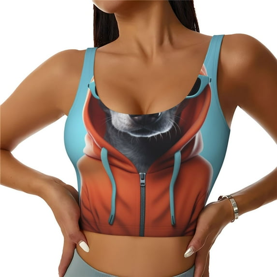 Rateoe Cool Dog In Hoodie Print Womens' Sports Bras Scoop Neck Sports Vest- Padded U Back Seamless High Impact Support-Medium