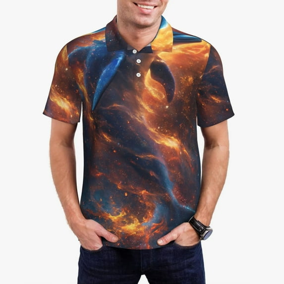 Rateoe Cool Dolphin Pattern Men's Short Sleeve Polo Shirts, Golf Polo Shirts Short Sleeve Performance Moisture Wicking Dry-Medium