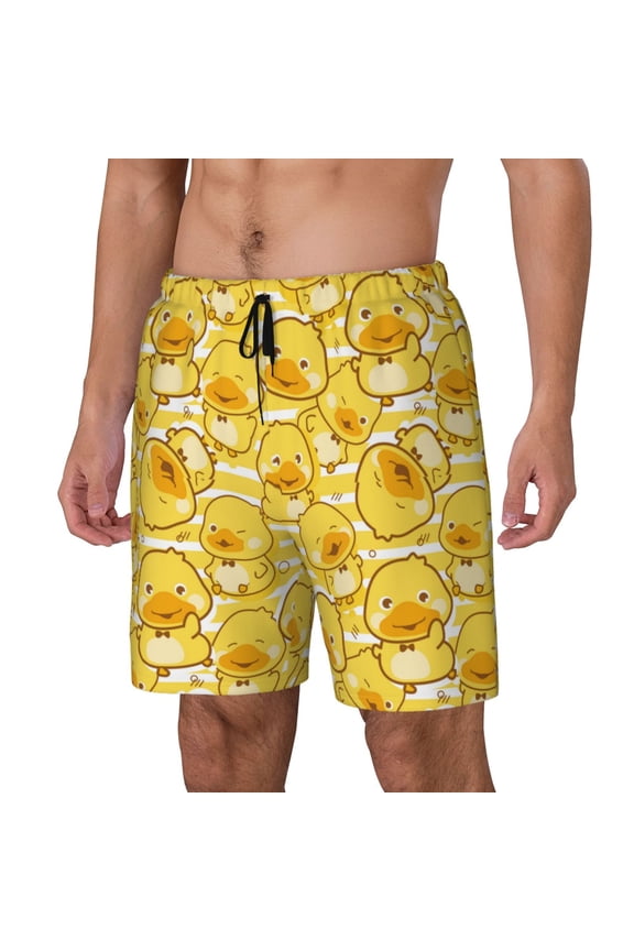 Cool Duck With Yellow Strip Pattern Men’s Swim Shorts with Compression Liner – Double-Layered Quick-Dry Swimwear, Comfortable & Stretchy Beach Shorts-Small