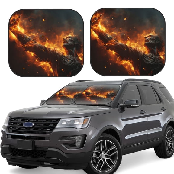 Rateoe Cool Fire Man Pattern 2 Piece Car Windshield Sun Shade Foldable | Front Windshield Shade for Sun, Heat and UV Rays | Sunshade for Car Front Window-Large
