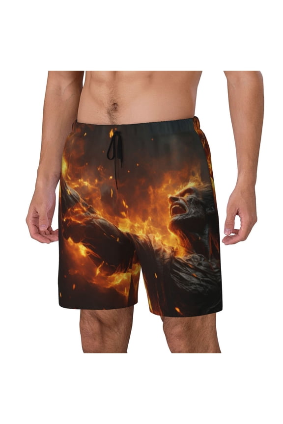 Cool Fire Man Pattern Men’s Swim Shorts with Compression Liner – Double-Layered Quick-Dry Swimwear, Comfortable & Stretchy Beach Shorts-Medium