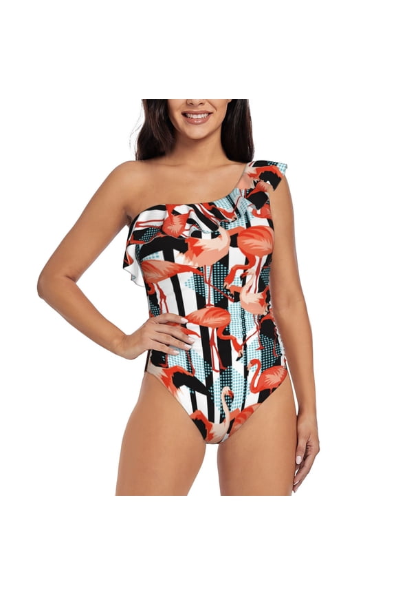 Cool Flamingo Pattern Women One Piece Swimsuits Tummy Control One Shoulder Bathing Suits Ruffle Swimwear-