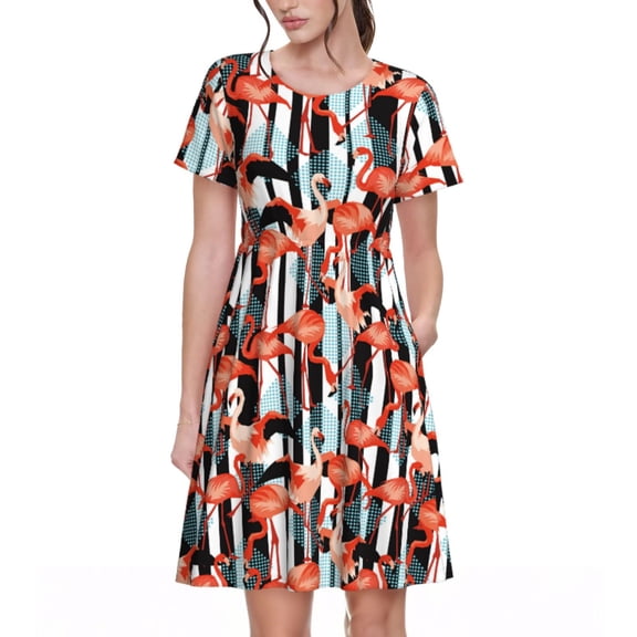 Rateoe Cool Flamingo Pattern Women’s Short Sleeve Dress – Casual Elegant Summer A-Line Dress for Everyday Wear