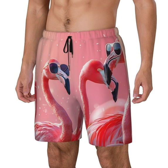 Rateoe Cool Flamingos Sunglasses Scene Pattern Men’s Swim Shorts with Compression Liner – Double-Layered Quick-Dry Swimwear, Comfortable & Stretchy Beach Shorts-Small