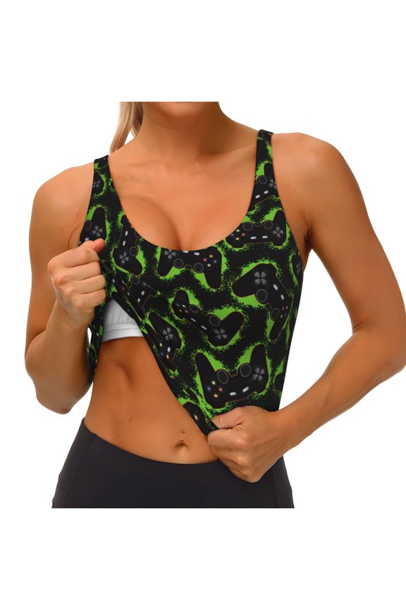 Cool Gamepad Print Womens' Sports Bras Scoop Neck Sports Vest- Padded U Back Seamless High Impact Support