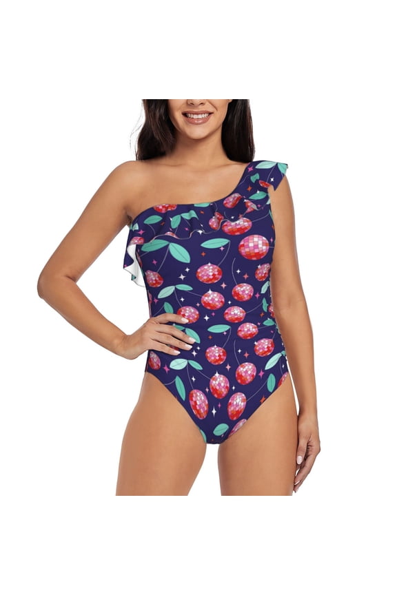Cool Mirror Cherries Pattern Women One Piece Swimsuits Tummy Control One Shoulder Bathing Suits Ruffle Swimwear-Medium