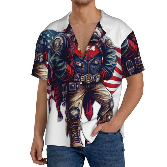 Rateoe Cool Patriotic Buffalo Cowboy Print Mens Front Pocket Hawaiian Shirts Casual Shirts Short Sleeve Button Down Beach Tropical Shirts-Medium