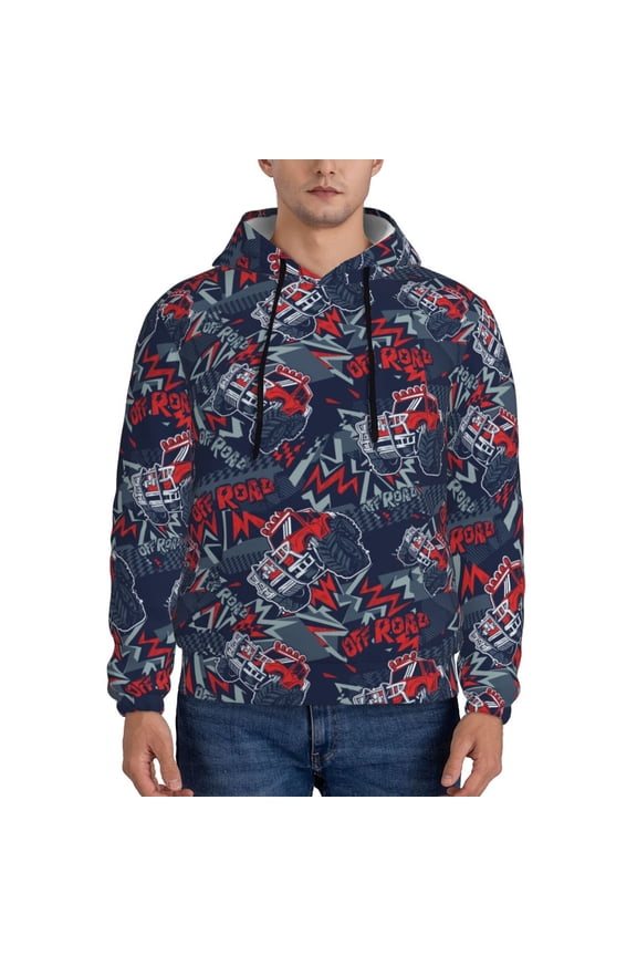 Cool Red Off-Road Vehicle Pattern Mens Hoodie, Pullover Hooded Sweatshirt, Kangaroo Pocket Hoodie Ideal for Daily Wear, Travel and Home-Medium