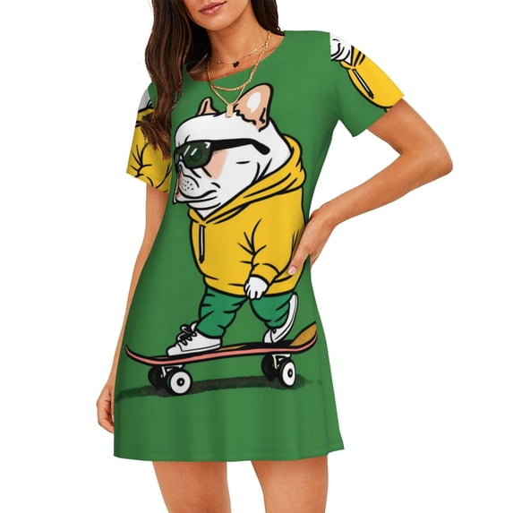 Rateoe Cool Skateboarding Bulldog Print Women’s Nightdress – Cozy Cotton Short-sleeved Sleep Shirt, Loose-Fit Sleepwear, Perfect for Relaxing and Sleeping