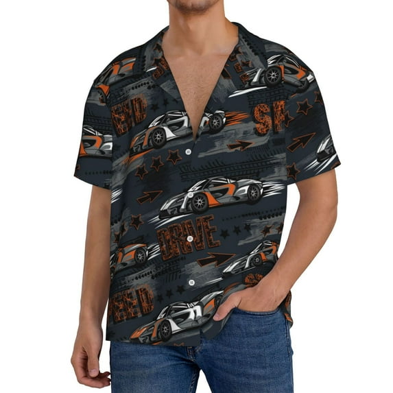 Rateoe Cool Sports Car Pattern Men's Short Sleeve Classic Shirt, Casual Short-Sleeved Shirt, Lightweight Summer Shirt, Cuban Collar Shirt,Button-Front Shirt-X-Large