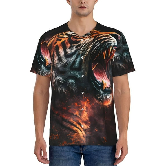 Rateoe Cool Tiger Pattern Men’s Baseball Short Sleeve Polo Shirt, Midweight Men's Shirt Golf Shirt Polo Shirts Quick Dry Short-X-Large