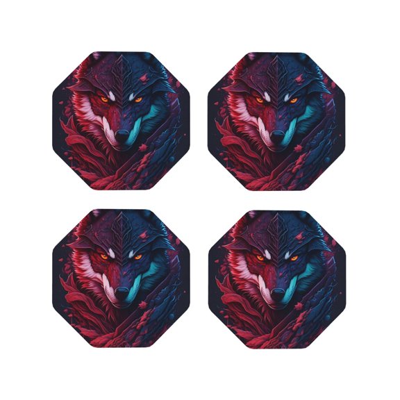 Rateoe Cool Wolf Head Drawing Drink Coasters Set of 4 Leather Coasters Spill Protection for Table Desk,Durable and Non Slip Leather Coaster ,4 Inches Drink Mats-Octagon