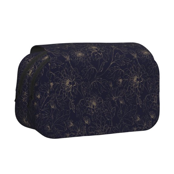 Rateoe Copper-Gold Gloss Outline Chrysanthemum Pattern Double Clamshell Pen Case, Storage Organizer with Two Zipper Compartments Holds Up to 50 Pencils & Pens