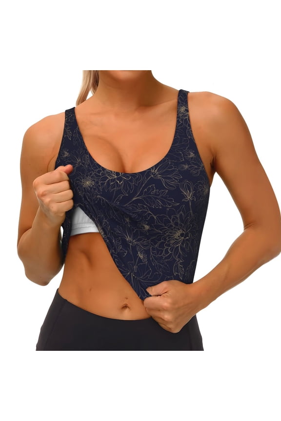 Copper-Gold Gloss Outline Chrysanthemum Print Womens' Sports Bras Scoop Neck Sports Vest- Padded U Back Seamless High Impact Support
