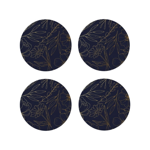 Rateoe Copper-Gold Gloss Outline Flower Drawing Drink Coasters Set of 4 Leather Coasters Spill Protection for Table Desk,Durable and Non Slip Leather Coaster ,4 Inches Drink Mats-Round Shape