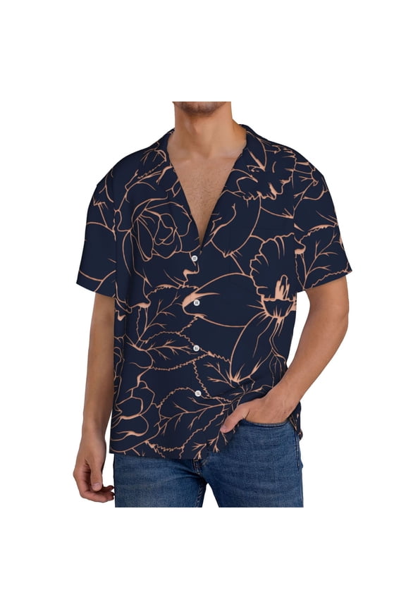 Copper-Gold Gloss Outline Flower Pattern Men's Short Sleeve Classic Shirt, Casual Short-Sleeved Shirt, Lightweight Summer Shirt, Cuban Collar Shirt,Button-Front Shirt-3X-Large