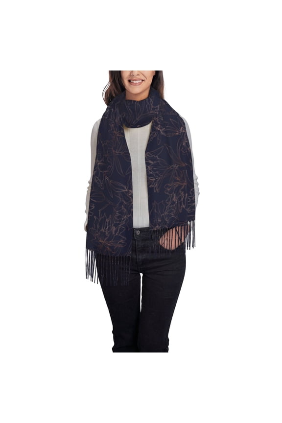 Copper-Gold Gloss Outline Flower1 Women's Traditional Scarf Wrap Tassel Shawl Fringes Neck Head Shawl Retro Scarf