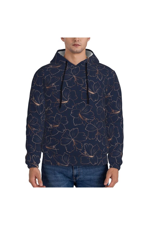 Copper-Gold Gloss Outline Lily Flower Pattern Mens Hoodie, Pullover Hooded Sweatshirt, Kangaroo Pocket Hoodie Ideal for Daily Wear, Travel and Home-Large
