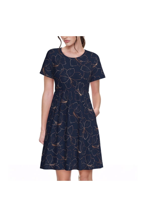Copper-Gold Gloss Outline Lily Flower Pattern Women’s Short Sleeve Dress – Casual Elegant Summer A-Line Dress for Everyday Wear