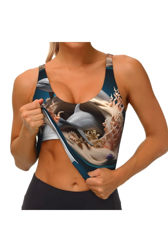 Coral Fish Dolphin Print Womens' Sports Bras Scoop Neck Sports Vest- Padded U Back Seamless High Impact Support
