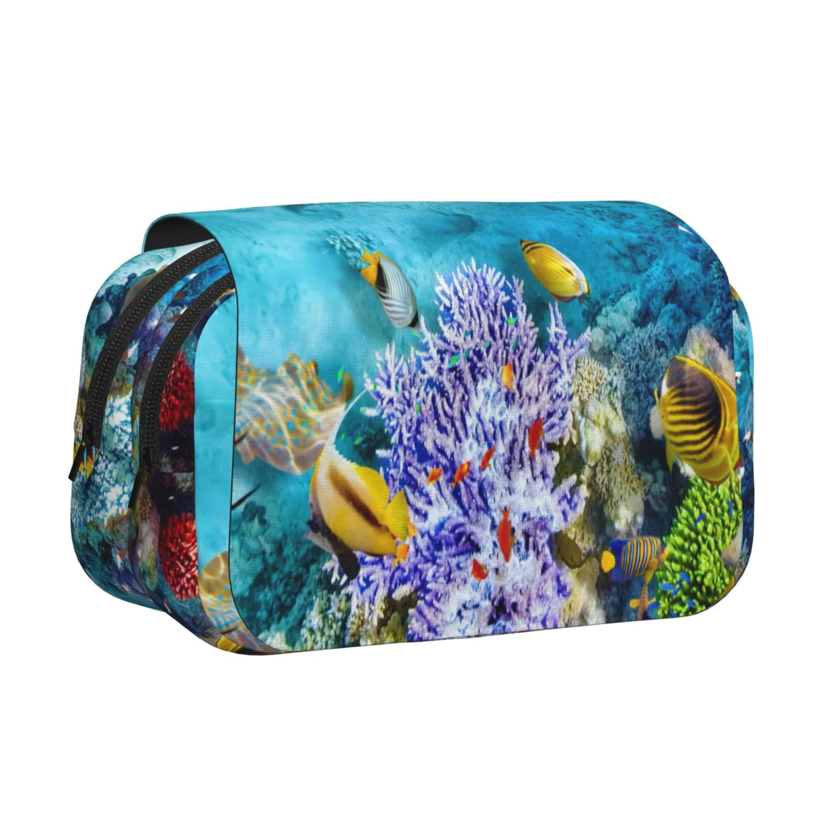 Rateoe Corals and Tropical Fish Pattern Double Clamshell Pen Case, Storage Organizer with Two Zipper Compartments– Holds Up to 50 Pencils & Pens