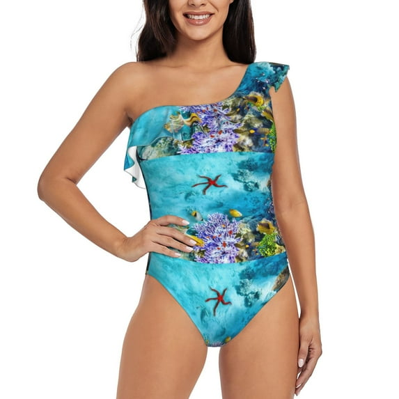 Rateoe Corals and Tropical Fish Pattern Women One Piece Swimsuits Tummy Control One Shoulder Bathing Suits Ruffle Swimwear-
