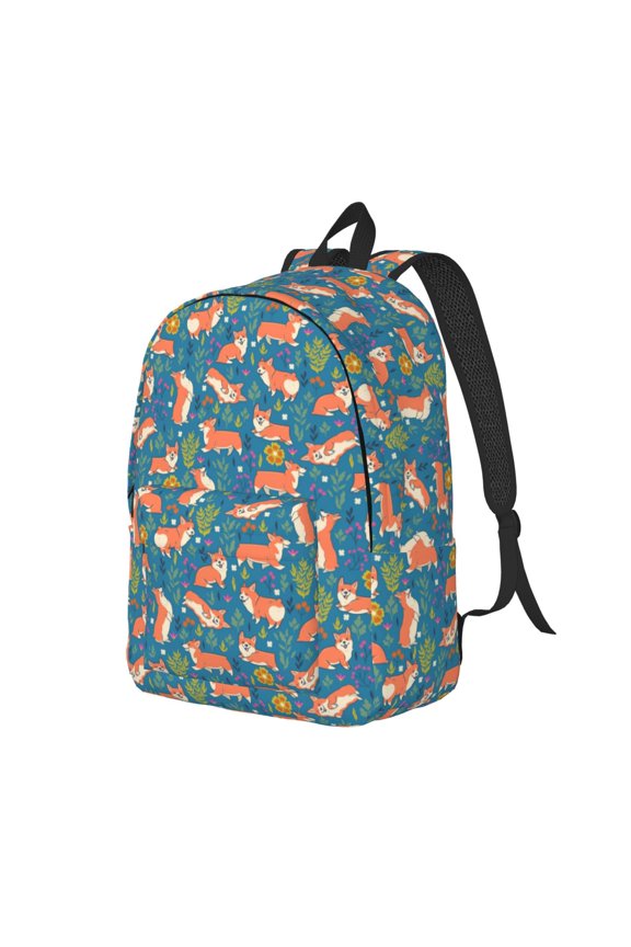 Corgi with Flowers Pattern Durable Canvas Backpack for Men & Women – Stylish & Lightweight – Adjustable Straps, Multiple Pockets – Fits 15-17 Inch LaptopsSmall
