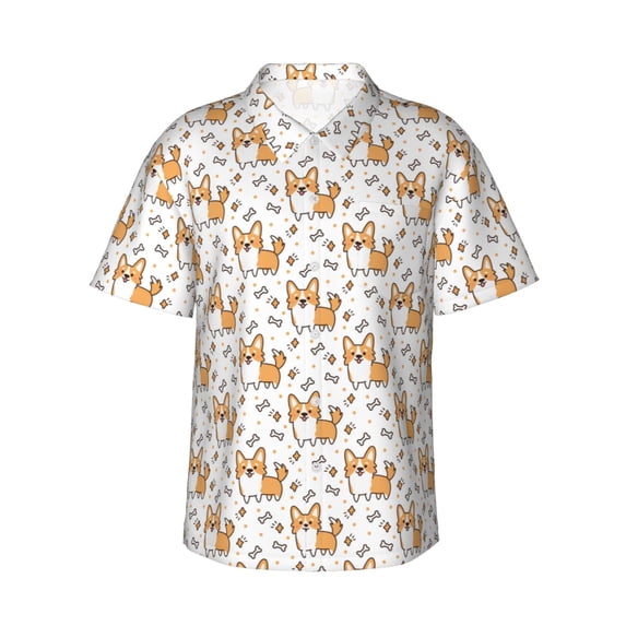 Rateoe Corgi with Hearts Pattern Men’s Hawaiian Shirt – Short Sleeve Button-Down Tropical Beach Shirt, Lightweight & Breathable Casual Aloha Shirt with Pocket,3X-Large