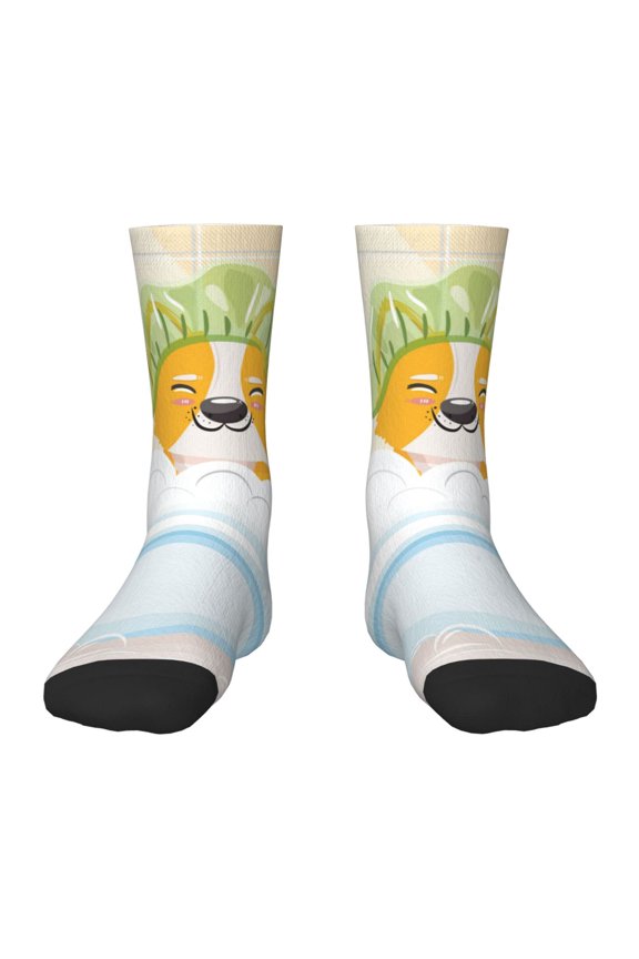 Corgi In The Shower Cap Bathing Pattern Children's Socks, Socks Gifts ,kids Crew Soft Cotton Socks , Moisture-Wicking, Durable, Ideal for Daily Wear & Sports