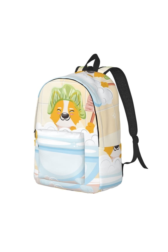 Corgi In The Shower Cap Bathing Pattern Durable Canvas Backpack for Men & Women – Stylish & Lightweight – Adjustable Straps, Multiple Pockets – Fits 15-17 Inch LaptopsSmall