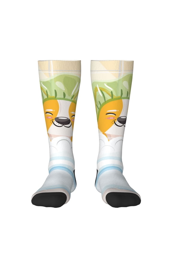 Corgi In The Shower Cap Bathing Pattern Women’s Knee High Crew Socks,Trouser Socks Comfortable, Breathable, Moisture-Wicking and Soft