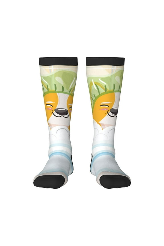 Corgi In The Shower Cap Bathing Pattern Women’s Knee High Crew Socks,Trouser Socks Comfortable, Breathable, Moisture-Wicking and Soft