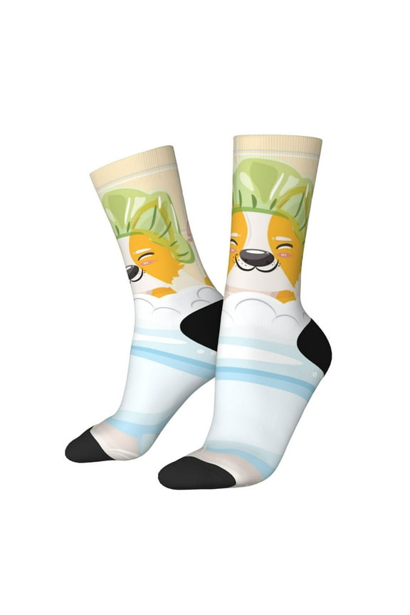 Corgi In The Shower Cap Bathing for Women Casual Calf Socks - Cute Crew Socks - Thin Soft Above Ankle Socks Size 5-11