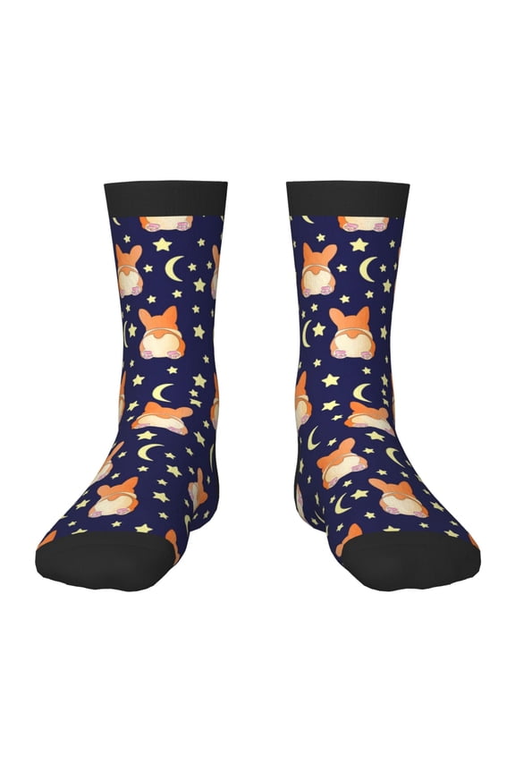 Corgi Lying With Moons And Stars Pattern Children's Socks, Socks Gifts ,kids Crew Soft Cotton Socks , Moisture-Wicking, Durable, Ideal for Daily Wear & Sports