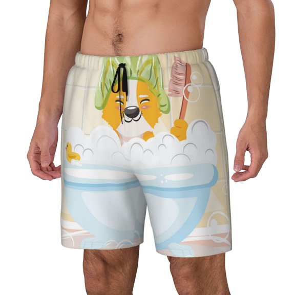 Rateoe Corgi In The Shower Cap Bathing Pattern Men’s Swim Shorts with Compression Liner – Double-Layered Quick-Dry Swimwear, Comfortable & Stretchy Beach Shorts-Large