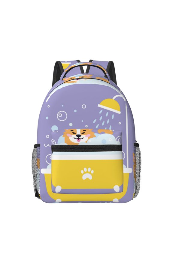 Corgi Washing in Bathtub Pattern Durable Student Backpack Laptop Bag- Ergonomic Design, Waterproof Twill Fabric - Ideal for School, Travel, and Outdoor Activities