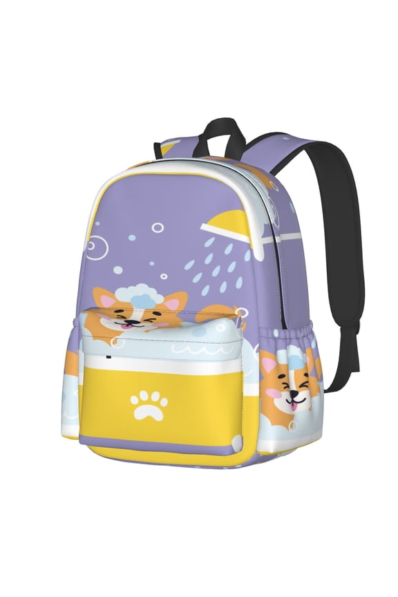 Corgi Washing in Bathtub Pattern Student Backpack,Backpack for School,Lightweight Bag,Travel Backpack,Outdoor Backpack,Large Capacity Backpack