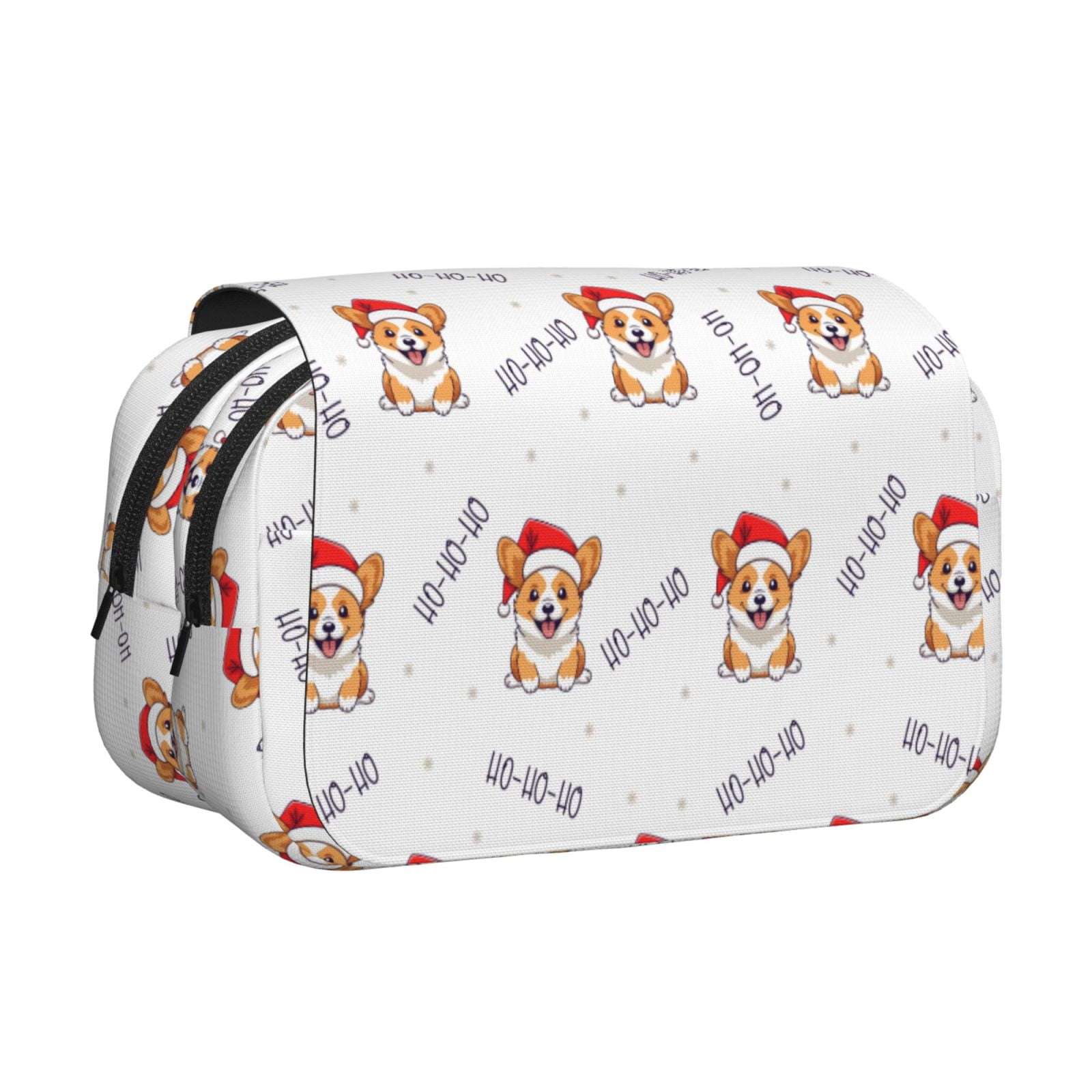 Rateoe Corgi With Santa Claus Hat Pattern Double Clamshell Pen Case, Storage Organizer with Two Zipper Compartments– Holds Up to 50 Pencils & Pens