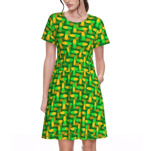 Rateoe Corn 4 Pattern Women’s Short Sleeve Dress – Casual Elegant Summer A-Line Dress for Everyday Wear