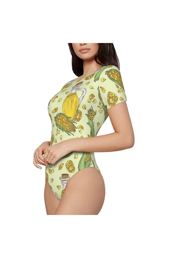 Corn And Corn Oil Printed Women Rash Guard Short Sleeve,Tummy control Swimsuit Surfing Swimsuit Bathing Suit Short-sleeved Onesie UPF 50+