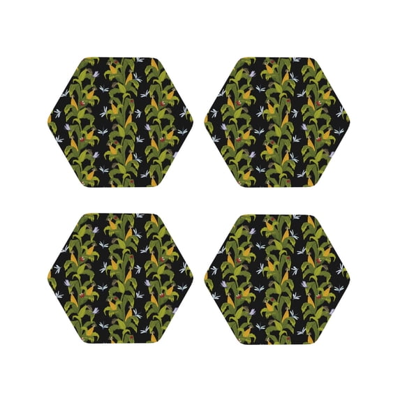 Rateoe Corn And Dragonflies Drawing Drink Coasters Set of 4 Leather Coasters Spill Protection for Table Desk,Durable and Non Slip Leather Coaster ,4 Inches Drink Mats-Hexagon