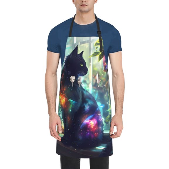 Rateoe Cosmic Cat In Window Aprons with Pocket,Men Womens Aprons Waterproof Adjustable Cooking Aprons for Kitchen Gardening and Salon