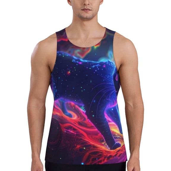 Rateoe Cosmic Cat Psychedelic Journey Pattern Sleeveless Gym Shirt Muscle Tee Breathable Workout Shirt Slim-Fit Tank Quick Dry Fit Muscle Tank Top Bodybuilding Sleeveless T Shirt-Medium