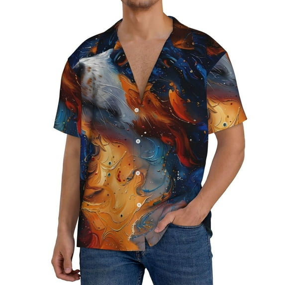 Rateoe Cosmic Dog Starry Night Print Mens Front Pocket Hawaiian Shirts Casual Shirts Short Sleeve Button Down Beach Tropical Shirts-XX-Large