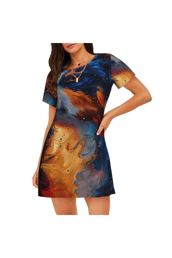 Cosmic Dog Starry Night Print Women’s Nightdress – Cozy Cotton Short-sleeved Sleep Shirt, Loose-Fit Sleepwear, Perfect for Relaxing and Sleeping