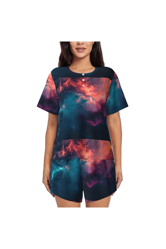 Cosmic Paint Swirl Pattern Women's Short-Sleeved Pajama Set - 2 Piece Soft and Lightweight Sleepwear Set-Medium