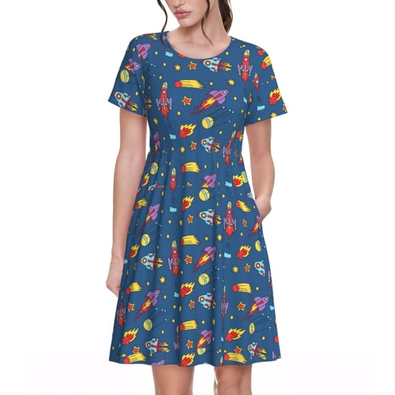 Rateoe Cosmos Rockets Pattern Women’s Short Sleeve Dress – Casual Elegant Summer A-Line Dress for Everyday Wear