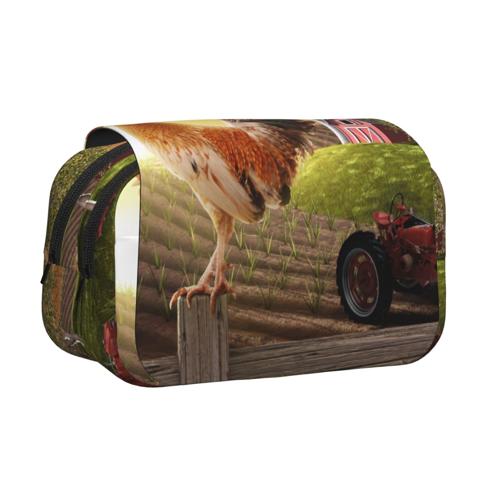 Rateoe Country Farm Morning Rooster Pattern Double Clamshell Pen Case, Storage Organizer with Two Zipper Compartments– Holds Up to 50 Pencils & Pens